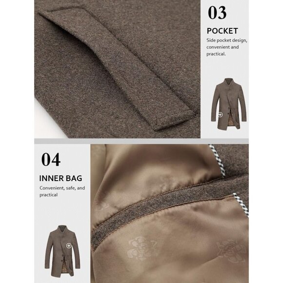 Men's Khaki Black Trench Coat Long Wool Blend Overcoat Slim Fit Down Topcoat - Picture 5 of 7